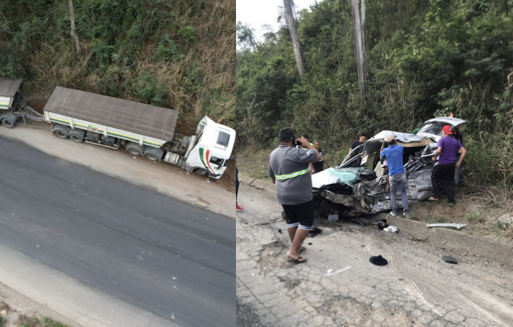 AGORA: Carro e carreta colidiram de frente próximo a ponto do Marambaia na BR-116; Casal do carro está dentro do veículo